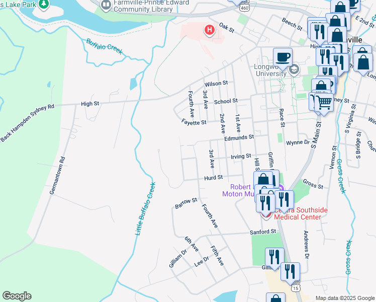 map of restaurants, bars, coffee shops, grocery stores, and more near 602 Pinecrest Road in Farmville