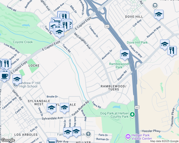 map of restaurants, bars, coffee shops, grocery stores, and more near 1126 Alvernaz Drive in San Jose