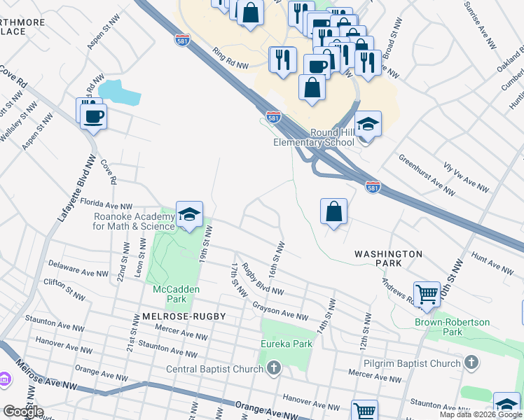 map of restaurants, bars, coffee shops, grocery stores, and more near 1570 16th Street Northwest in Roanoke