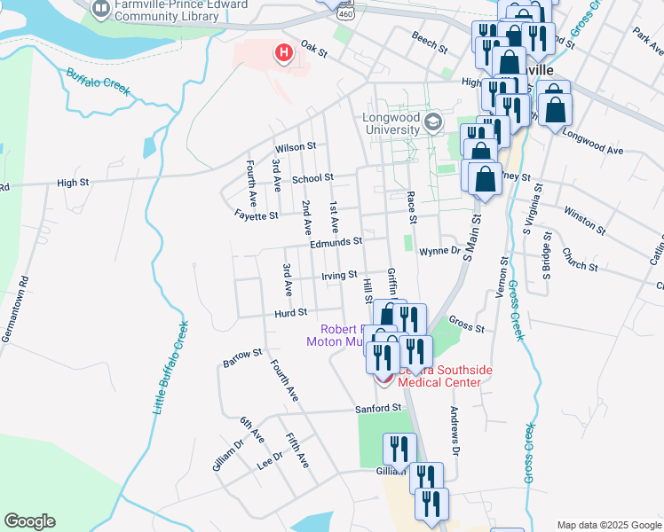 map of restaurants, bars, coffee shops, grocery stores, and more near 611 1st Avenue in Farmville