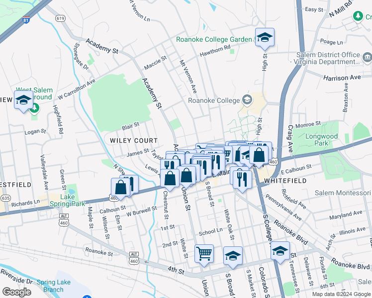 map of restaurants, bars, coffee shops, grocery stores, and more near 212 Academy Street in Salem