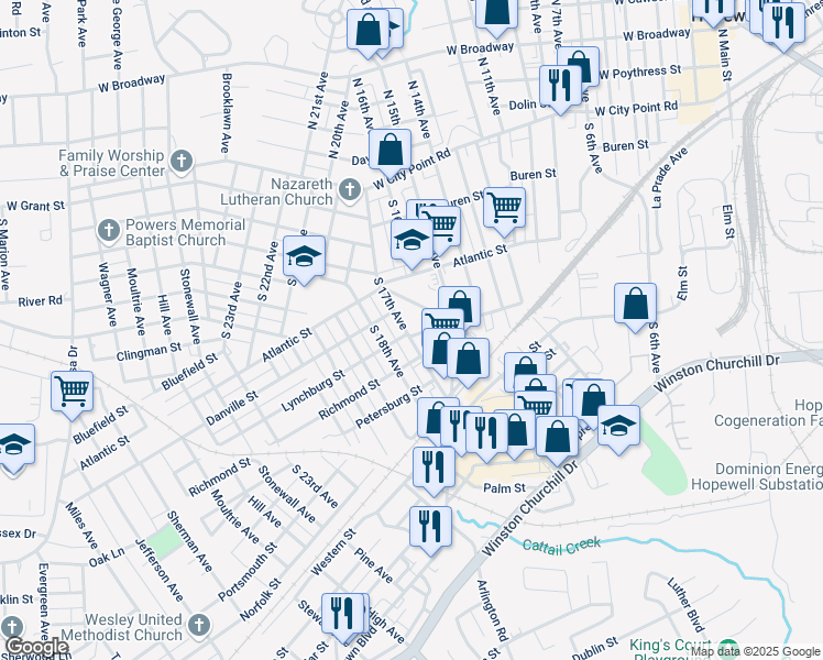 map of restaurants, bars, coffee shops, grocery stores, and more near 335 South 17th Avenue in Hopewell