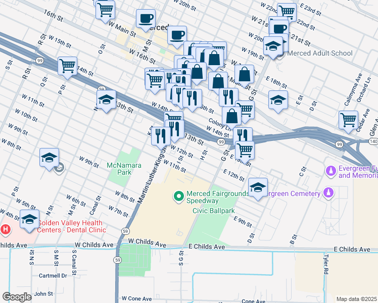 map of restaurants, bars, coffee shops, grocery stores, and more near 153 West 12th Street in Merced