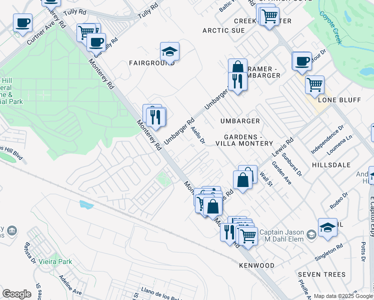 map of restaurants, bars, coffee shops, grocery stores, and more near 2750 Monterey Road in San Jose