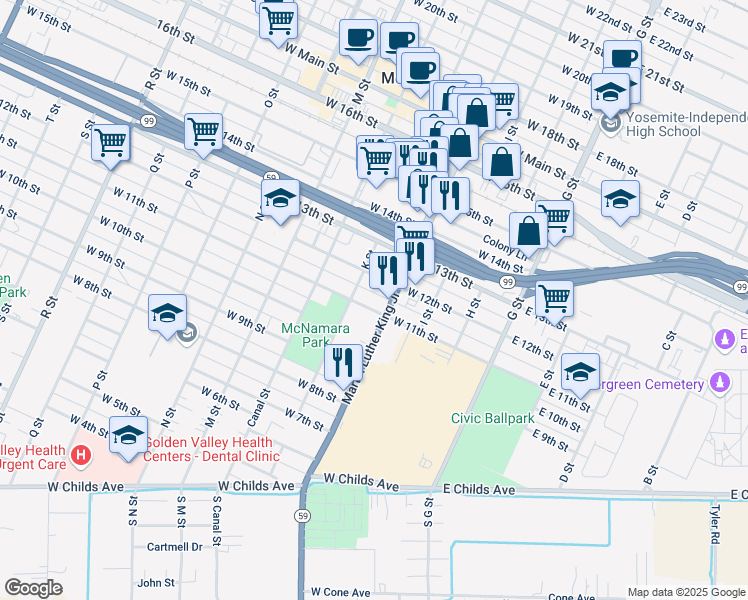 map of restaurants, bars, coffee shops, grocery stores, and more near 319 W 11th St in Merced