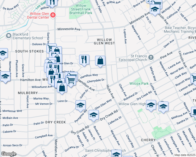 map of restaurants, bars, coffee shops, grocery stores, and more near 1435 Cherrydale Drive in San Jose