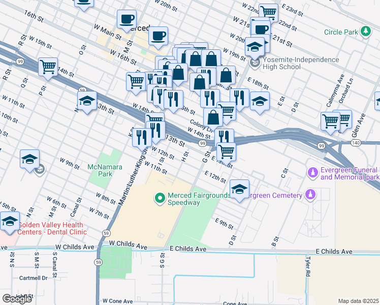 map of restaurants, bars, coffee shops, grocery stores, and more near 60 West 13th Street in Merced