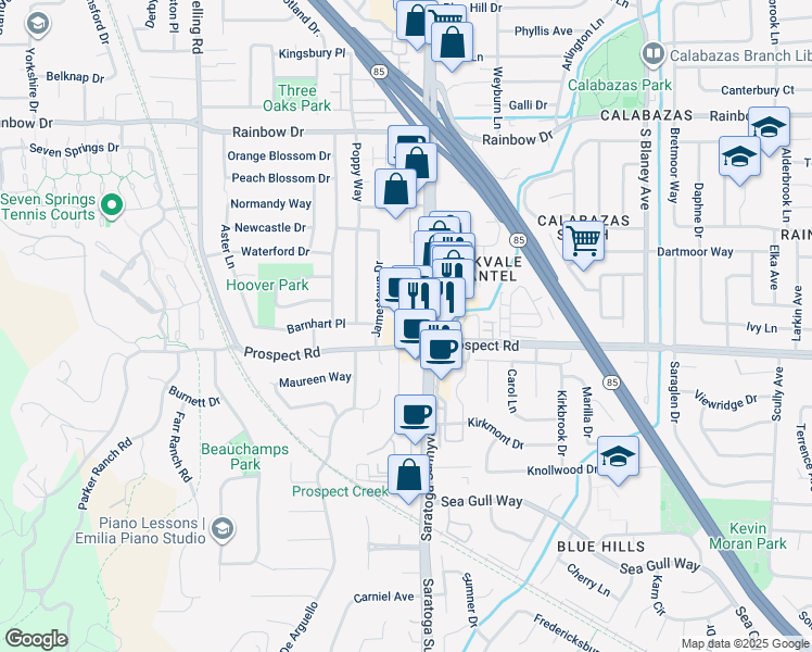 map of restaurants, bars, coffee shops, grocery stores, and more near in Saratoga