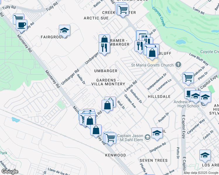 map of restaurants, bars, coffee shops, grocery stores, and more near 2793 Lavender Terrace in San Jose