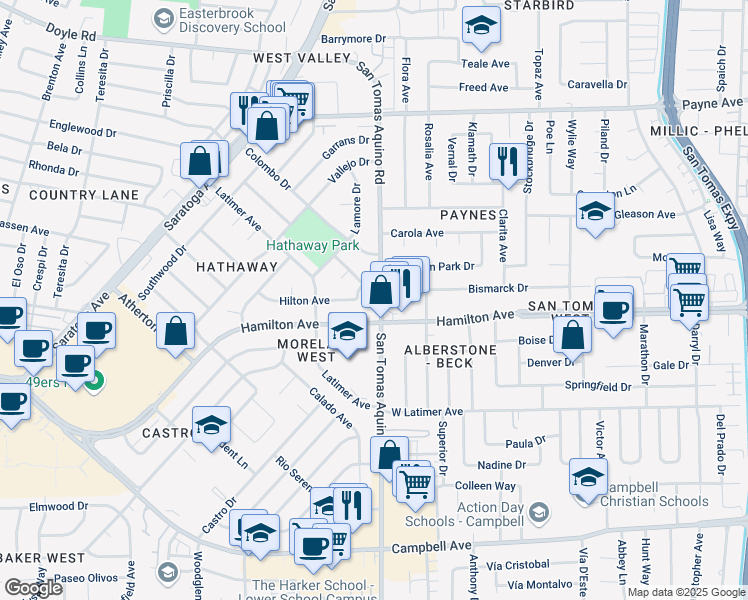 map of restaurants, bars, coffee shops, grocery stores, and more near 389 San Tomas Aquino Road in San Jose