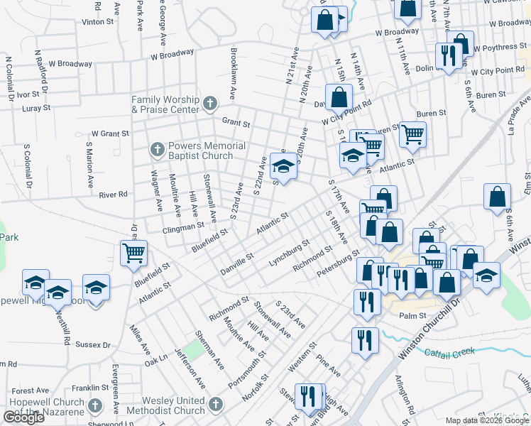 map of restaurants, bars, coffee shops, grocery stores, and more near 2101 Pickett Street in Hopewell