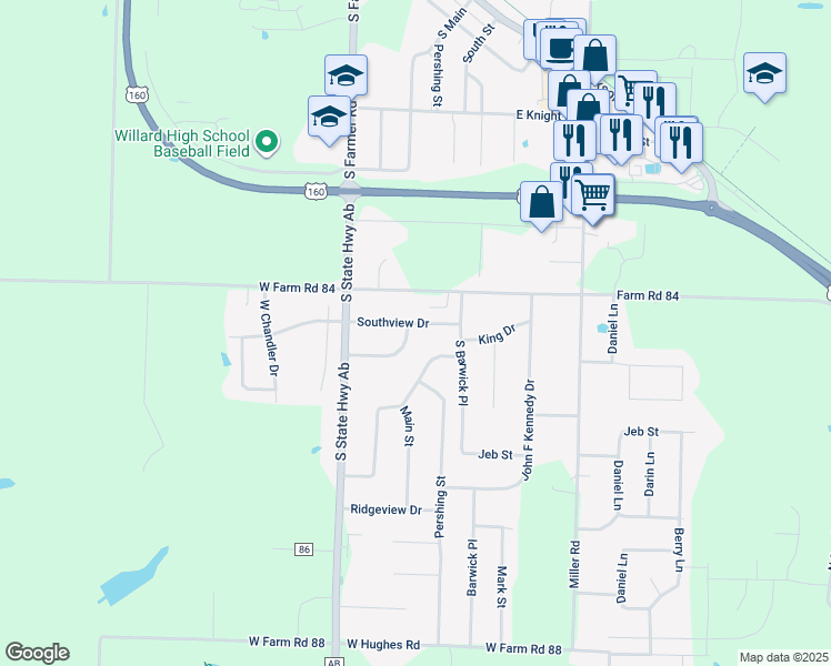 map of restaurants, bars, coffee shops, grocery stores, and more near 108 Southview Drive in Willard