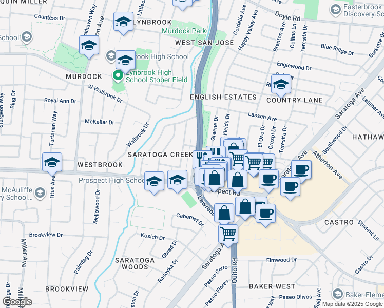 map of restaurants, bars, coffee shops, grocery stores, and more near 1577 Maurice Lane in San Jose