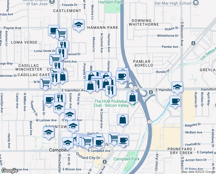 map of restaurants, bars, coffee shops, grocery stores, and more near 409 East Hamilton Avenue in Campbell
