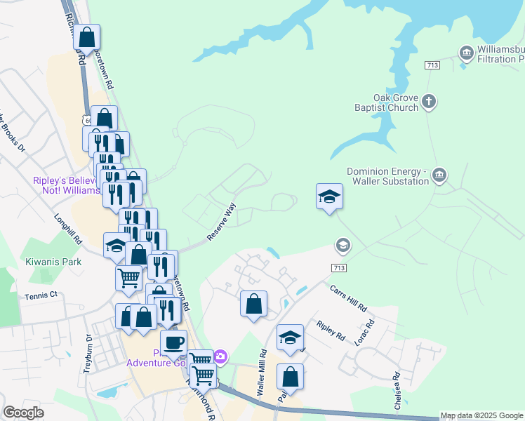map of restaurants, bars, coffee shops, grocery stores, and more near 101 Christopher Lane in Williamsburg