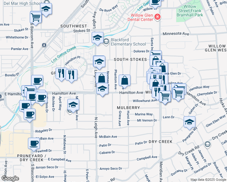 map of restaurants, bars, coffee shops, grocery stores, and more near 1885 Hamilton Avenue in San Jose