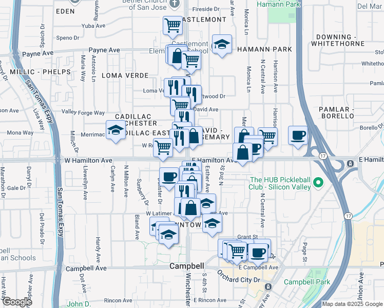 map of restaurants, bars, coffee shops, grocery stores, and more near 1600 Winchester Boulevard in Campbell