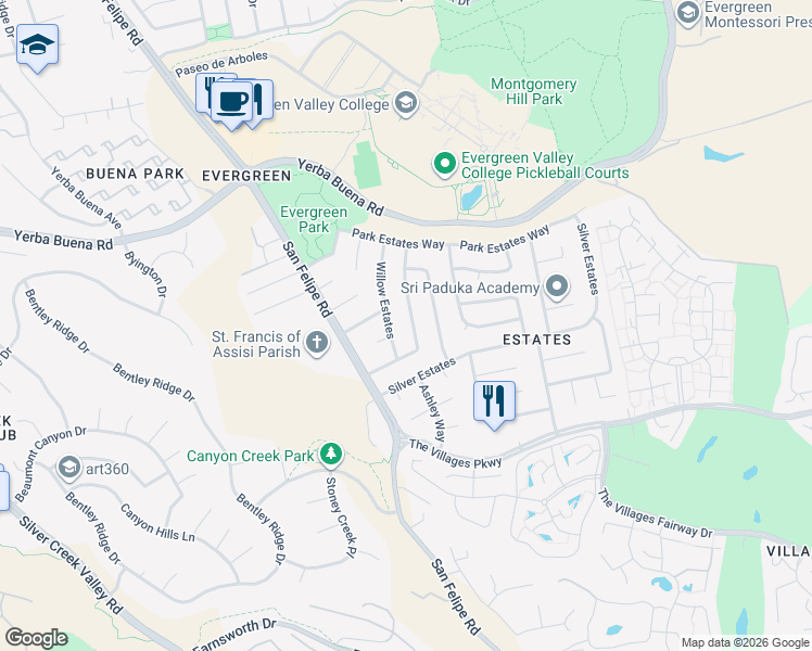 map of restaurants, bars, coffee shops, grocery stores, and more near 5144 Willow Estates in San Jose