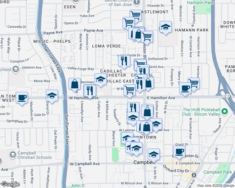 map of restaurants, bars, coffee shops, grocery stores, and more near 161 West Hamilton Avenue in Campbell