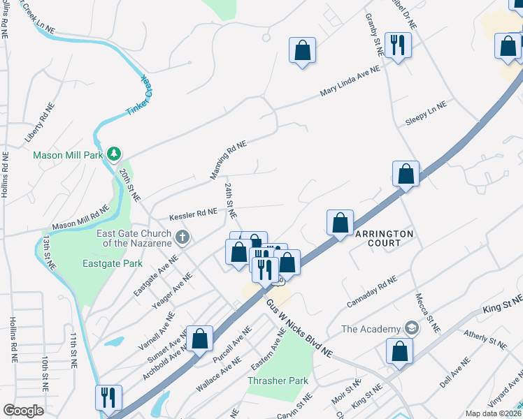 map of restaurants, bars, coffee shops, grocery stores, and more near 2435 Kessler Road Northeast in Roanoke