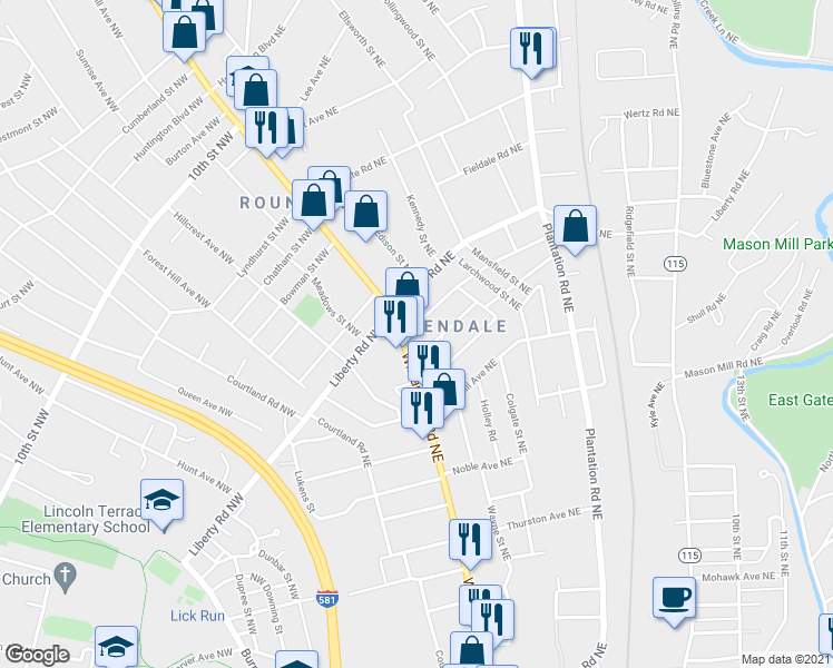map of restaurants, bars, coffee shops, grocery stores, and more near 126 Avendale Avenue Northeast in Roanoke