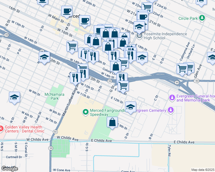 map of restaurants, bars, coffee shops, grocery stores, and more near 30 West 13th Street in Merced