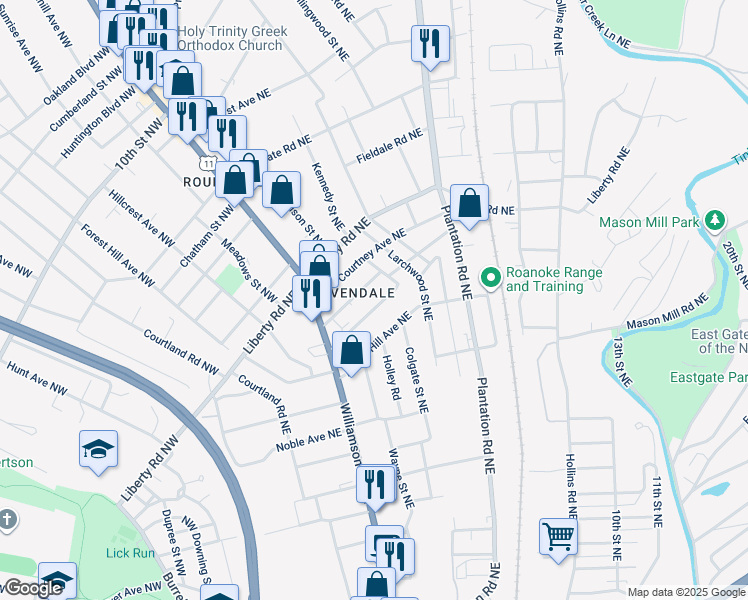 map of restaurants, bars, coffee shops, grocery stores, and more near 164 Laconia Avenue Northeast in Roanoke