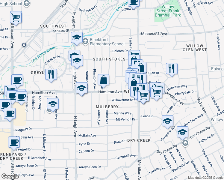 map of restaurants, bars, coffee shops, grocery stores, and more near 1777 Hamilton Avenue in San Jose