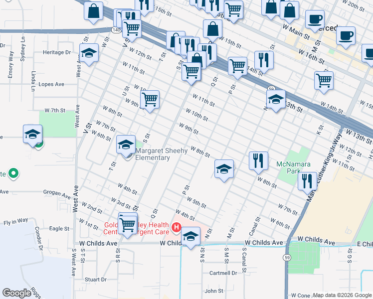 map of restaurants, bars, coffee shops, grocery stores, and more near 746 Q Street in Merced