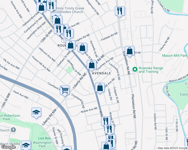 map of restaurants, bars, coffee shops, grocery stores, and more near 113 Courtney Avenue Northeast in Roanoke