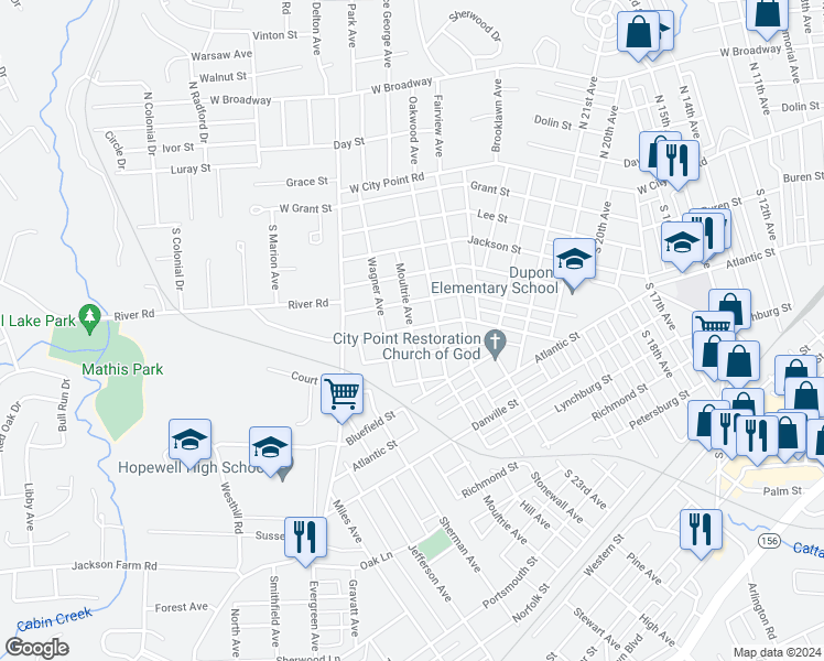 map of restaurants, bars, coffee shops, grocery stores, and more near 1443 Moultrie Avenue in Hopewell