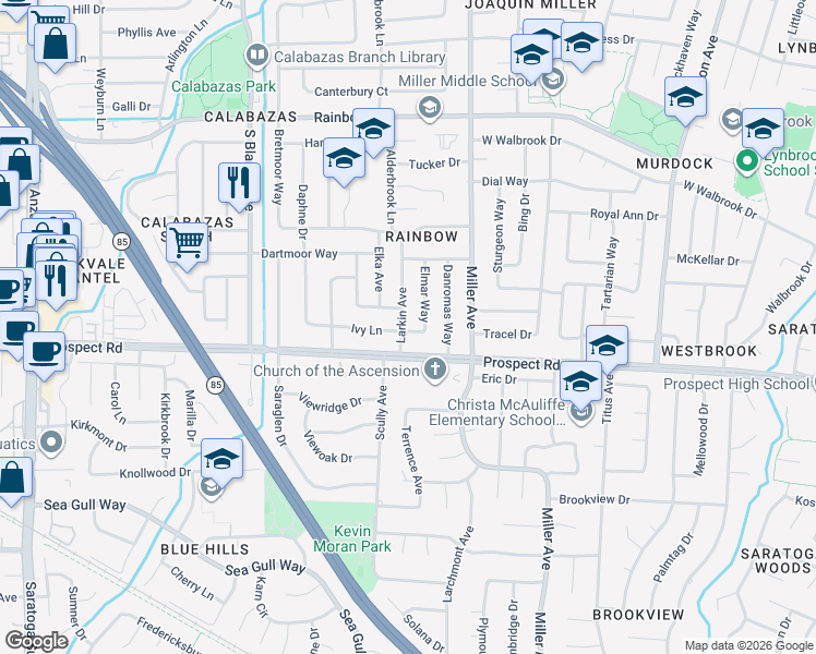 map of restaurants, bars, coffee shops, grocery stores, and more near 6385 Ivy Lane in San Jose