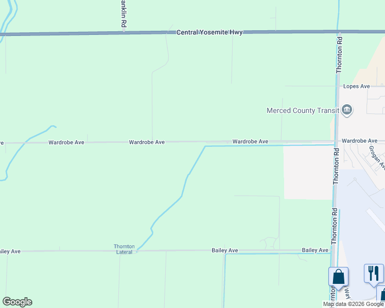 map of restaurants, bars, coffee shops, grocery stores, and more near 2687 Wardrobe Avenue in Merced