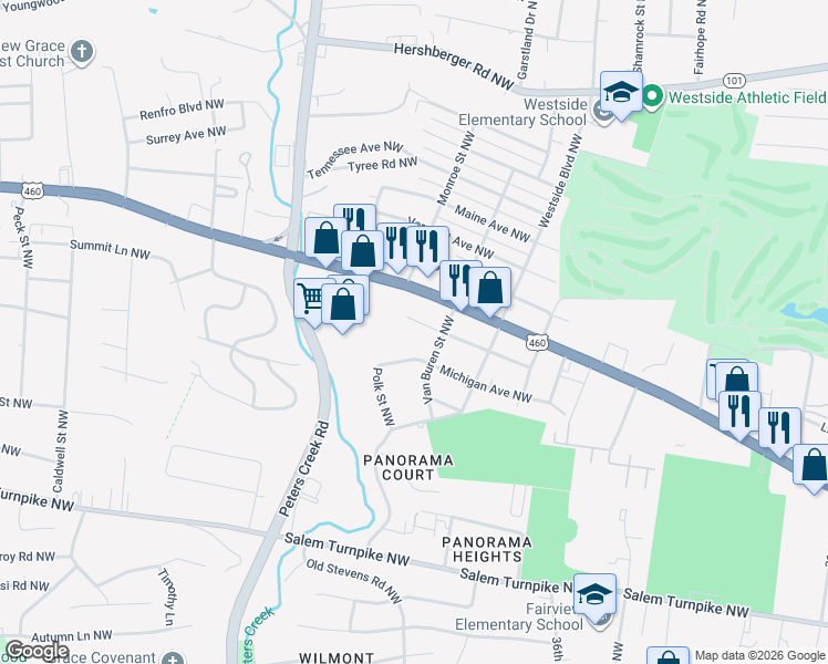 map of restaurants, bars, coffee shops, grocery stores, and more near 4006 Dakota Avenue Northwest in Roanoke