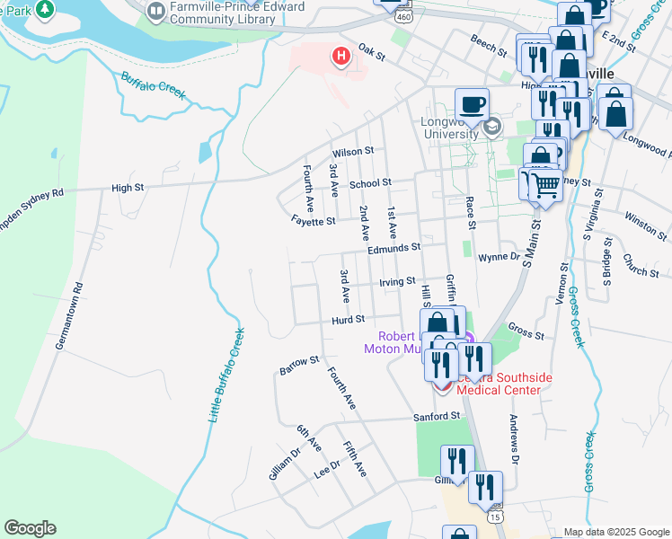 map of restaurants, bars, coffee shops, grocery stores, and more near 611 3rd Avenue in Farmville