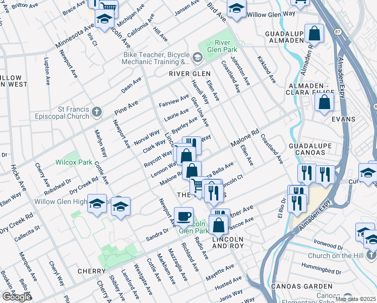 map of restaurants, bars, coffee shops, grocery stores, and more near 1084 Bennett Way in San Jose