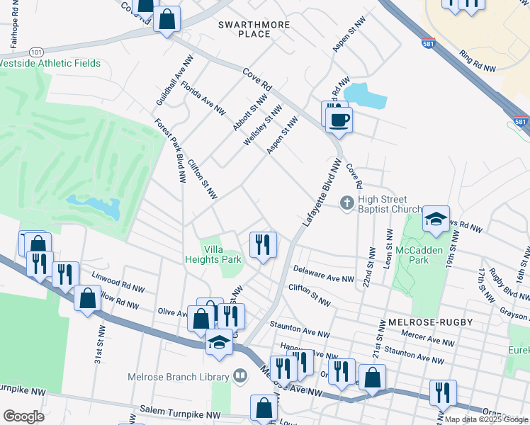 map of restaurants, bars, coffee shops, grocery stores, and more near 2721 Massachusetts Avenue Northwest in Roanoke