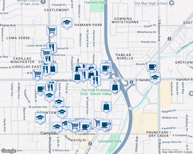 map of restaurants, bars, coffee shops, grocery stores, and more near 409 East Hamilton Avenue in Campbell