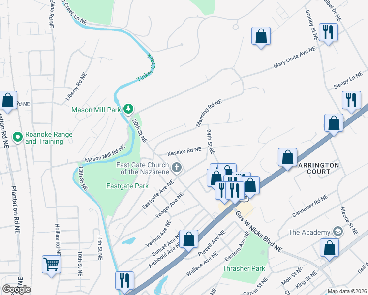 map of restaurants, bars, coffee shops, grocery stores, and more near 2202 Kessler Road Northeast in Roanoke