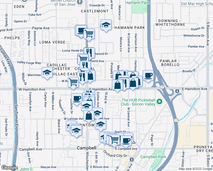 map of restaurants, bars, coffee shops, grocery stores, and more near 197 East Hamilton Avenue in Campbell