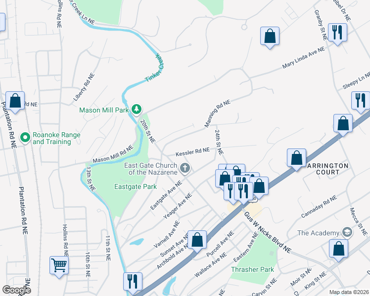 map of restaurants, bars, coffee shops, grocery stores, and more near 2202 Kessler Road Northeast in Roanoke