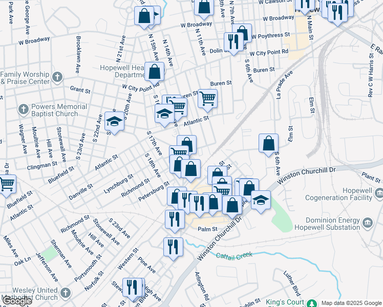 map of restaurants, bars, coffee shops, grocery stores, and more near 1400 Lynchburg Street in Hopewell