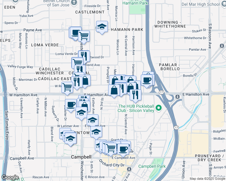 map of restaurants, bars, coffee shops, grocery stores, and more near 281 East Hamilton Avenue in Campbell