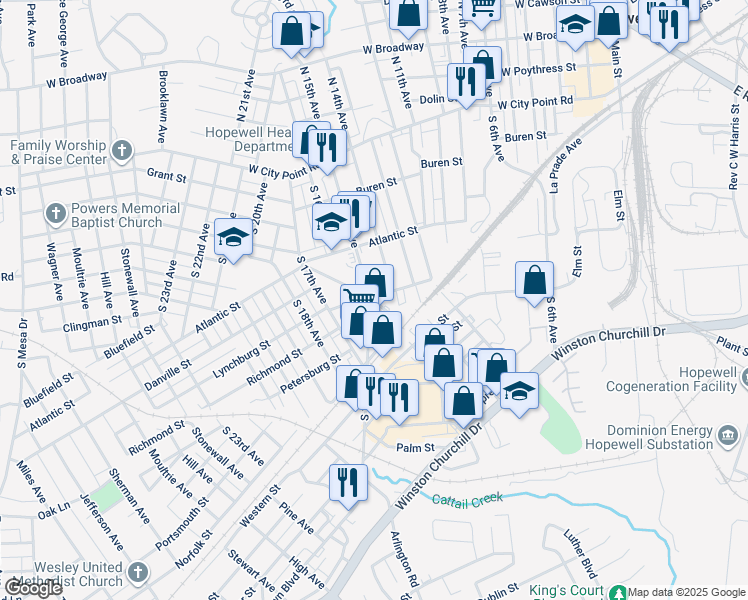 map of restaurants, bars, coffee shops, grocery stores, and more near 1400 Lynchburg Street in Hopewell