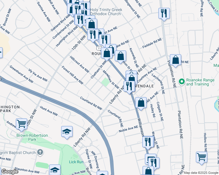 map of restaurants, bars, coffee shops, grocery stores, and more near 2711 Hillcrest Avenue Northwest in Roanoke