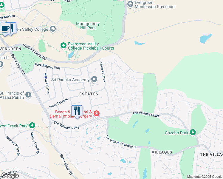 map of restaurants, bars, coffee shops, grocery stores, and more near 5424 Cribari Court in San Jose