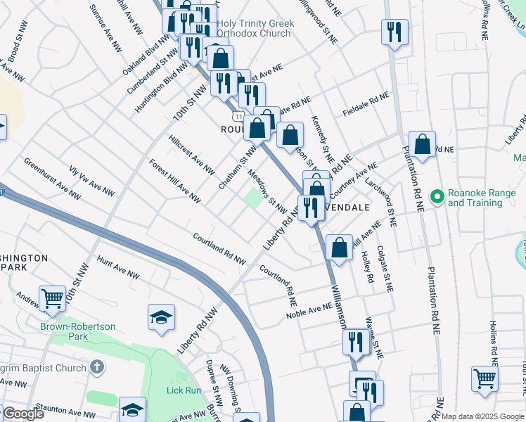 map of restaurants, bars, coffee shops, grocery stores, and more near 2711 Hillcrest Avenue Northwest in Roanoke