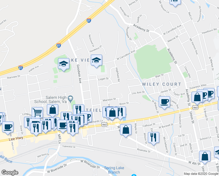 map of restaurants, bars, coffee shops, grocery stores, and more near 316 Valleydale Avenue in Salem