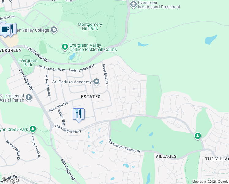 map of restaurants, bars, coffee shops, grocery stores, and more near 5424 Cribari Court in San Jose