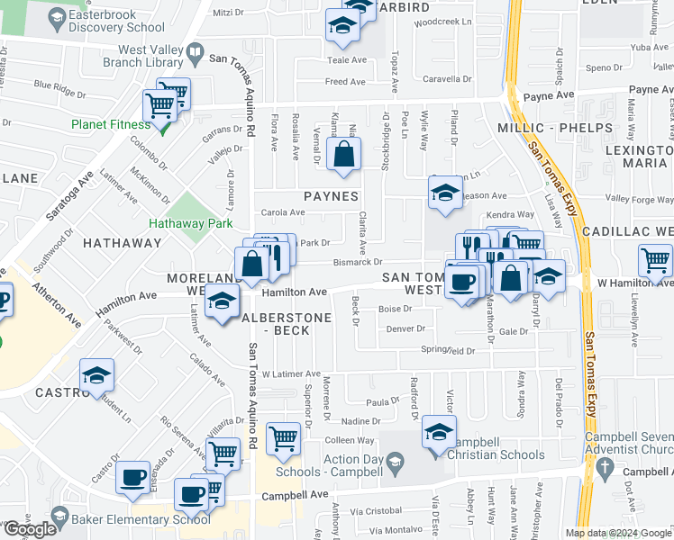 map of restaurants, bars, coffee shops, grocery stores, and more near 3986 Bismarck Drive in San Jose